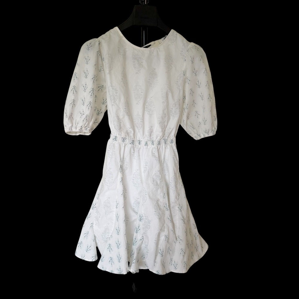 Boho Christian Lacroix White Blue Floral Puff Sleeve Lace Up Back Mini Dress XS